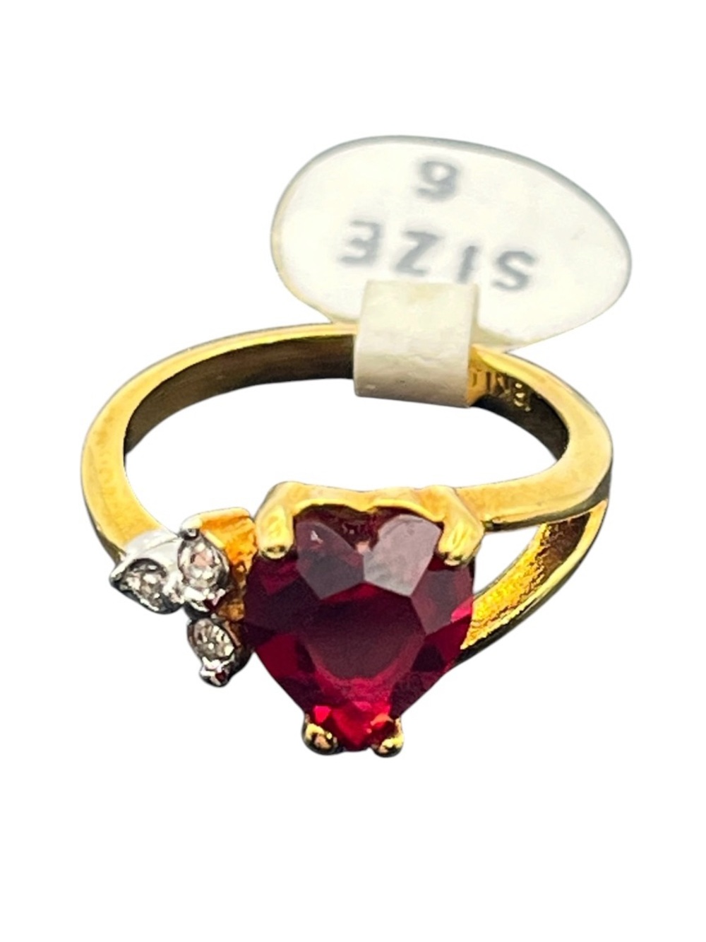 18k GE gold electroplate red heart CZ ring size 6 vintage